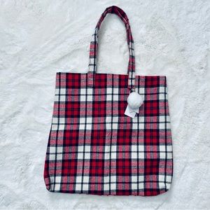 NWT Red, Black, & White Plaid Tote Bag with Pompom